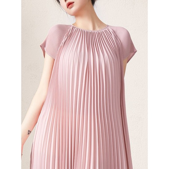 Urban Loose Pleated Solid Color Round-Neck Mini Dresses Urban Loose Pleated Solid Color Round-Neck Mini Dresses