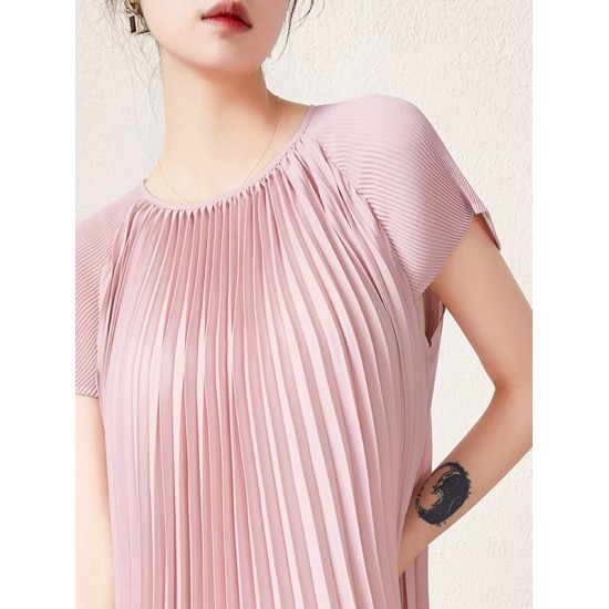 Urban Loose Pleated Solid Color Round-Neck Mini Dresses Urban Loose Pleated Solid Color Round-Neck Mini Dresses