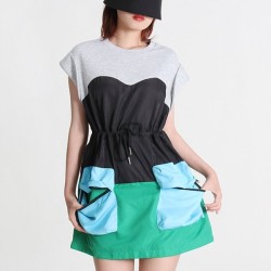 Stylish Selection Short Sleeves Loose Drawstring Split-Joint Round-Neck Mini Dresses