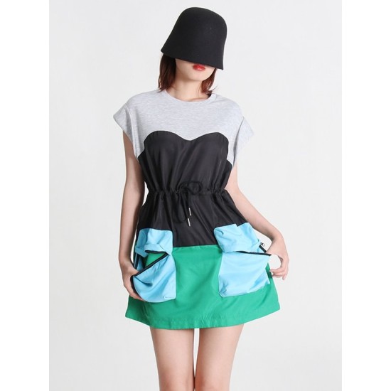 Stylish Selection Short Sleeves Loose Drawstring Split-Joint Round-Neck Mini Dresses Stylish Selection Short Sleeves Loose Drawstring Split-Joint Round-Neck Mini Dresses