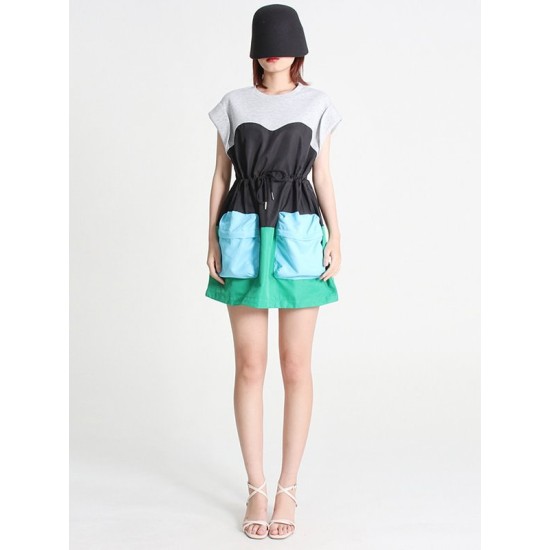 Stylish Selection Short Sleeves Loose Drawstring Split-Joint Round-Neck Mini Dresses Stylish Selection Short Sleeves Loose Drawstring Split-Joint Round-Neck Mini Dresses