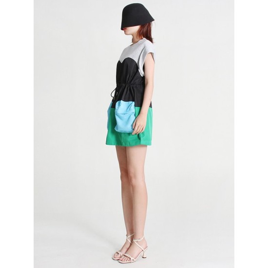 Stylish Selection Short Sleeves Loose Drawstring Split-Joint Round-Neck Mini Dresses Stylish Selection Short Sleeves Loose Drawstring Split-Joint Round-Neck Mini Dresses