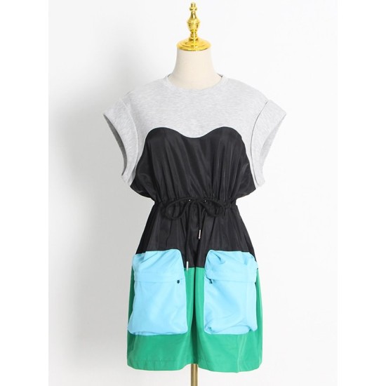 Stylish Selection Short Sleeves Loose Drawstring Split-Joint Round-Neck Mini Dresses Stylish Selection Short Sleeves Loose Drawstring Split-Joint Round-Neck Mini Dresses