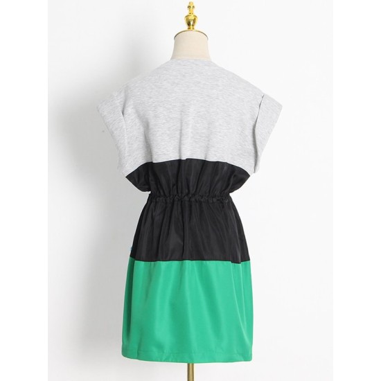 Stylish Selection Short Sleeves Loose Drawstring Split-Joint Round-Neck Mini Dresses Stylish Selection Short Sleeves Loose Drawstring Split-Joint Round-Neck Mini Dresses