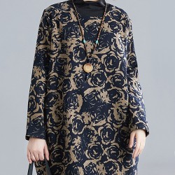 Artistic Retro Loose Long Sleeves Keep Warm Floral Printed High-Neck Mini Dresses