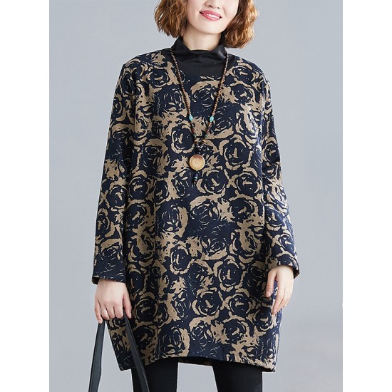 Artistic Retro Loose Long Sleeves Keep Warm Floral Printed High-Neck Mini Dresses Artistic Retro Loose Long Sleeves Keep Warm Floral Printed High-Neck Mini Dresses