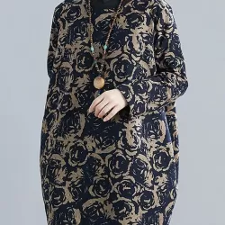 Artistic Retro Loose Long Sleeves Keep Warm Floral Printed High-Neck Mini Dresses