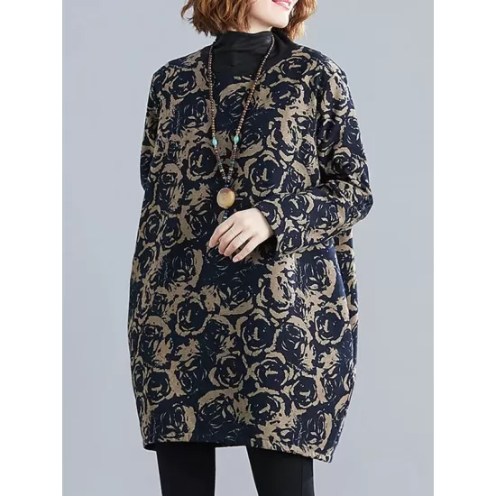Artistic Retro Loose Long Sleeves Keep Warm Floral Printed High-Neck Mini Dresses Artistic Retro Loose Long Sleeves Keep Warm Floral Printed High-Neck Mini Dresses