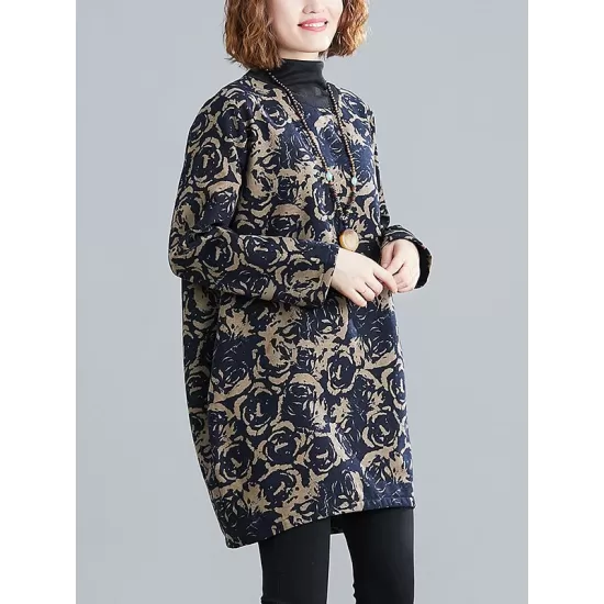 Artistic Retro Loose Long Sleeves Keep Warm Floral Printed High-Neck Mini Dresses Artistic Retro Loose Long Sleeves Keep Warm Floral Printed High-Neck Mini Dresses