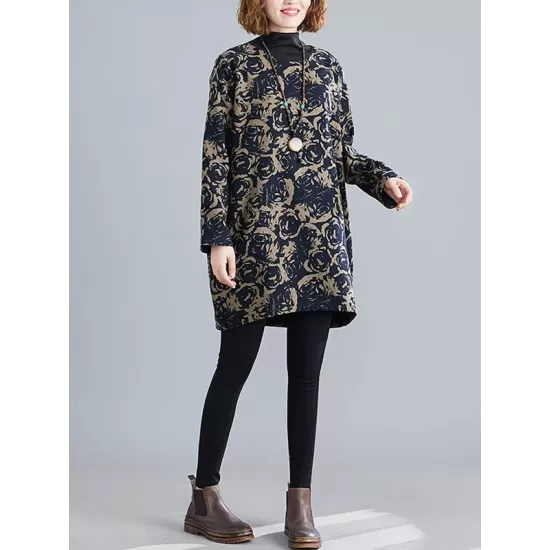 Artistic Retro Loose Long Sleeves Keep Warm Floral Printed High-Neck Mini Dresses Artistic Retro Loose Long Sleeves Keep Warm Floral Printed High-Neck Mini Dresses