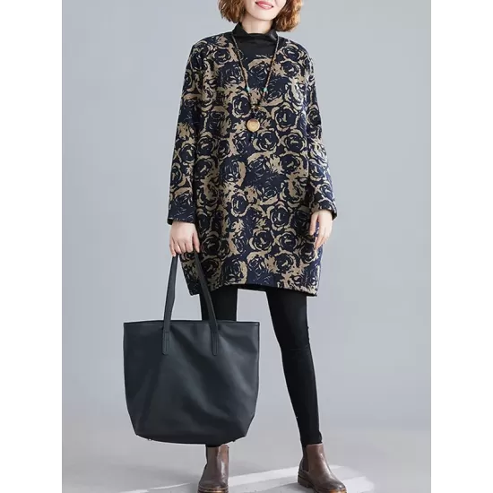 Artistic Retro Loose Long Sleeves Keep Warm Floral Printed High-Neck Mini Dresses Artistic Retro Loose Long Sleeves Keep Warm Floral Printed High-Neck Mini Dresses