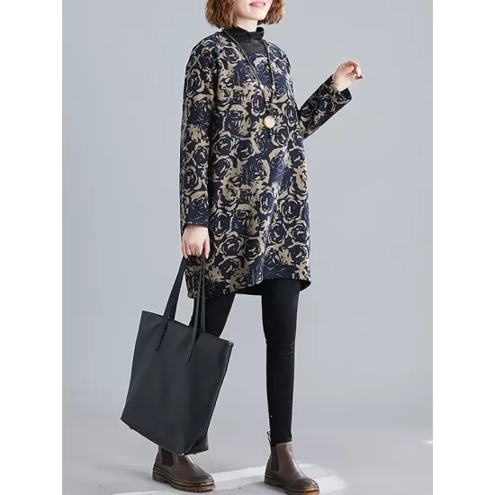 Artistic Retro Loose Long Sleeves Keep Warm Floral Printed High-Neck Mini Dresses Artistic Retro Loose Long Sleeves Keep Warm Floral Printed High-Neck Mini Dresses