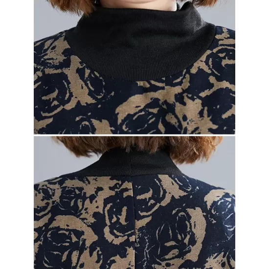 Artistic Retro Loose Long Sleeves Keep Warm Floral Printed High-Neck Mini Dresses Artistic Retro Loose Long Sleeves Keep Warm Floral Printed High-Neck Mini Dresses
