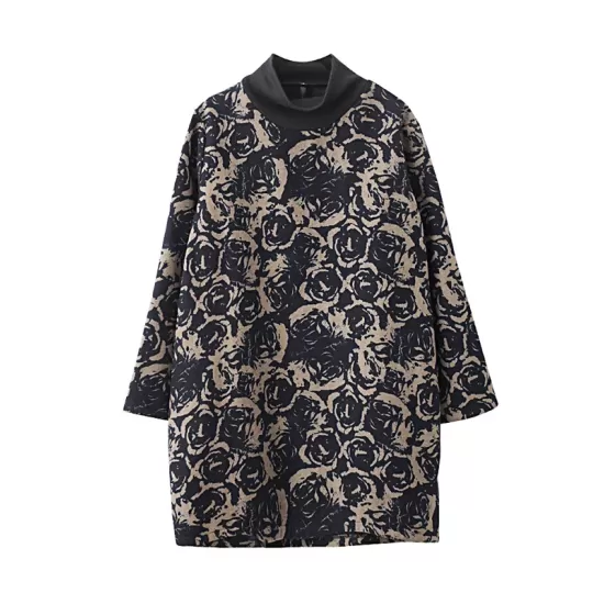 Artistic Retro Loose Long Sleeves Keep Warm Floral Printed High-Neck Mini Dresses Artistic Retro Loose Long Sleeves Keep Warm Floral Printed High-Neck Mini Dresses
