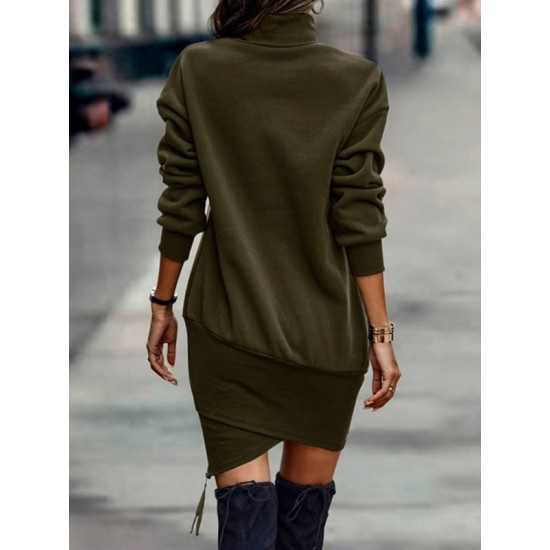 Casual Long Sleeves Solid Color High-Neck Mini Dresses Casual Long Sleeves Solid Color High-Neck Mini Dresses