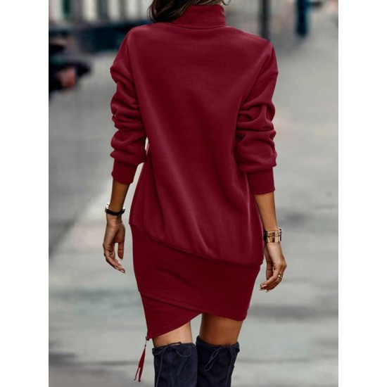 Casual Long Sleeves Solid Color High-Neck Mini Dresses Casual Long Sleeves Solid Color High-Neck Mini Dresses