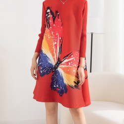 Casual Long Sleeves Loose Contrast Color Printed Pleated Beaded Stand Collar Mini Dresses
