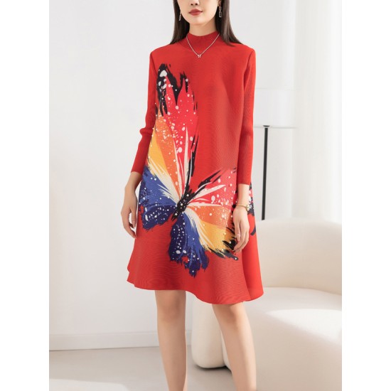 Casual Long Sleeves Loose Contrast Color Printed Pleated Beaded Stand Collar Mini Dresses Casual Long Sleeves Loose Contrast Color Printed Pleated Beaded Stand Collar Mini Dresses