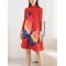 Casual Long Sleeves Loose Contrast Color Printed Pleated Beaded Stand Collar Mini Dresses