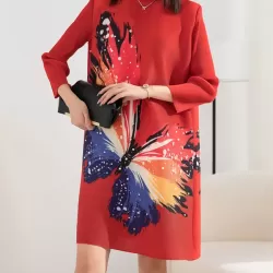 Casual Long Sleeves Loose Contrast Color Printed Pleated Beaded Stand Collar Mini Dresses