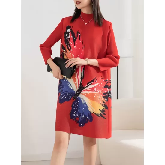 Casual Long Sleeves Loose Contrast Color Printed Pleated Beaded Stand Collar Mini Dresses Casual Long Sleeves Loose Contrast Color Printed Pleated Beaded Stand Collar Mini Dresses