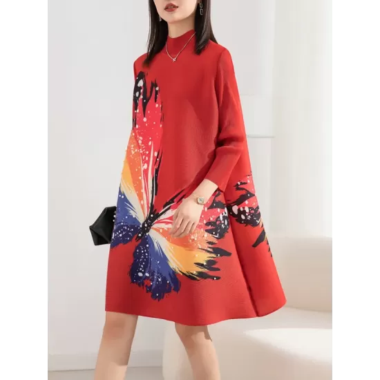 Casual Long Sleeves Loose Contrast Color Printed Pleated Beaded Stand Collar Mini Dresses Casual Long Sleeves Loose Contrast Color Printed Pleated Beaded Stand Collar Mini Dresses