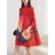 Casual Long Sleeves Loose Contrast Color Printed Pleated Beaded Stand Collar Mini Dresses Casual Long Sleeves Loose Contrast Color Printed Pleated Beaded Stand Collar Mini Dresses