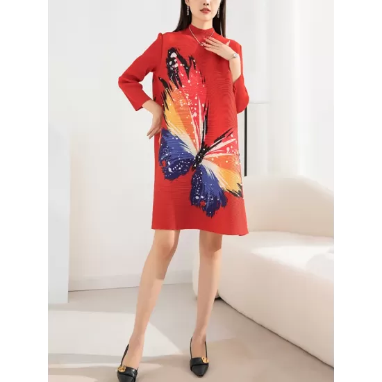 Casual Long Sleeves Loose Contrast Color Printed Pleated Beaded Stand Collar Mini Dresses Casual Long Sleeves Loose Contrast Color Printed Pleated Beaded Stand Collar Mini Dresses