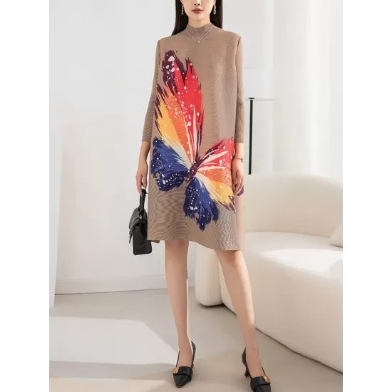 Casual Long Sleeves Loose Contrast Color Printed Pleated Beaded Stand Collar Mini Dresses Casual Long Sleeves Loose Contrast Color Printed Pleated Beaded Stand Collar Mini Dresses