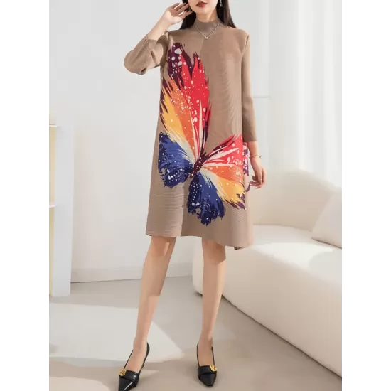 Casual Long Sleeves Loose Contrast Color Printed Pleated Beaded Stand Collar Mini Dresses Casual Long Sleeves Loose Contrast Color Printed Pleated Beaded Stand Collar Mini Dresses