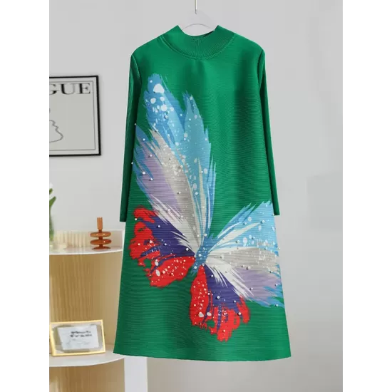 Casual Long Sleeves Loose Contrast Color Printed Pleated Beaded Stand Collar Mini Dresses Casual Long Sleeves Loose Contrast Color Printed Pleated Beaded Stand Collar Mini Dresses