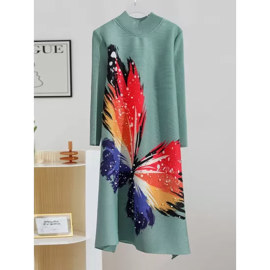 Casual Long Sleeves Loose Contrast Color Printed Pleated Beaded Stand Collar Mini Dresses Casual Long Sleeves Loose Contrast Color Printed Pleated Beaded Stand Collar Mini Dresses
