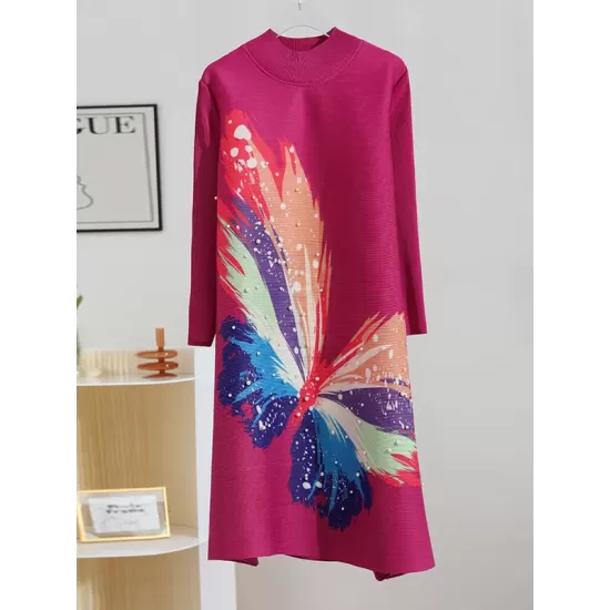 Casual Long Sleeves Loose Contrast Color Printed Pleated Beaded Stand Collar Mini Dresses Casual Long Sleeves Loose Contrast Color Printed Pleated Beaded Stand Collar Mini Dresses