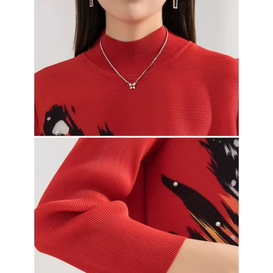 Casual Long Sleeves Loose Contrast Color Printed Pleated Beaded Stand Collar Mini Dresses Casual Long Sleeves Loose Contrast Color Printed Pleated Beaded Stand Collar Mini Dresses