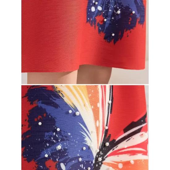 Casual Long Sleeves Loose Contrast Color Printed Pleated Beaded Stand Collar Mini Dresses Casual Long Sleeves Loose Contrast Color Printed Pleated Beaded Stand Collar Mini Dresses