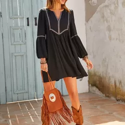 Vacation A-Line Solid Color V-Neck Mini Dress