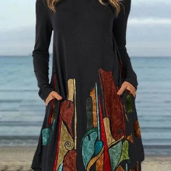 Casual Long Sleeves Loose Contrast Color Printed Round-Neck Mini Dresses