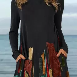 Casual Long Sleeves Loose Contrast Color Printed Round-Neck Mini Dresses