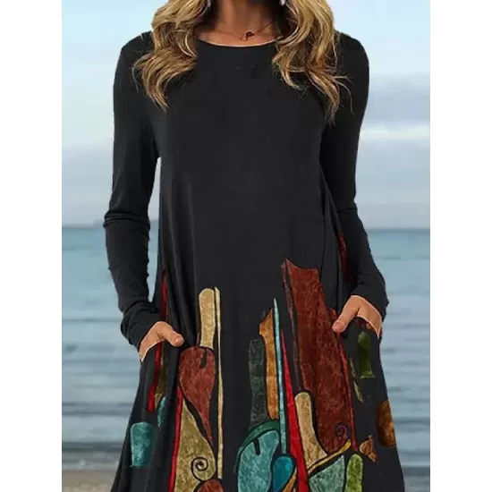 Casual Long Sleeves Loose Contrast Color Printed Round-Neck Mini Dresses Casual Long Sleeves Loose Contrast Color Printed Round-Neck Mini Dresses