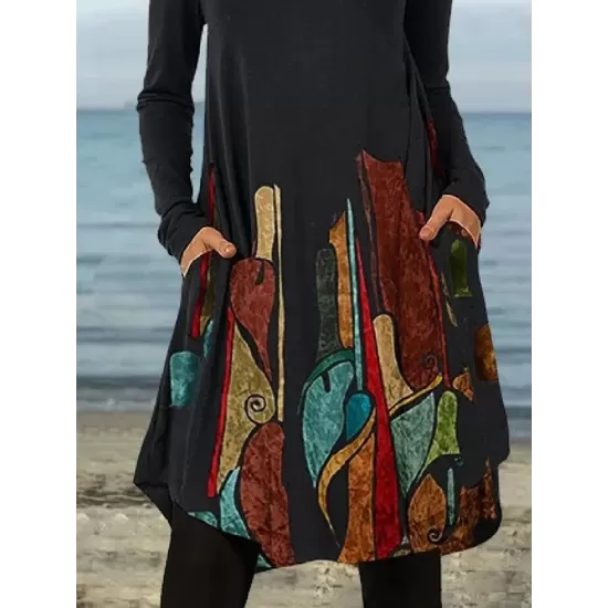 Casual Long Sleeves Loose Contrast Color Printed Round-Neck Mini Dresses Casual Long Sleeves Loose Contrast Color Printed Round-Neck Mini Dresses