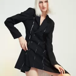 Casual Skinny Long Sleeves Striped Split-Joint Lapel Collar Blazer Mini Dresses