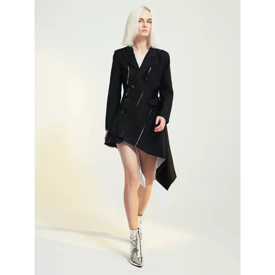 Casual Skinny Long Sleeves Striped Split-Joint Lapel Collar Blazer Mini Dresses Casual Skinny Long Sleeves Striped Split-Joint Lapel Collar Blazer Mini Dresses