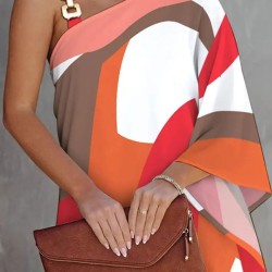 Original Loose Contrast Color Printed One-Shoulder Mini Dresses