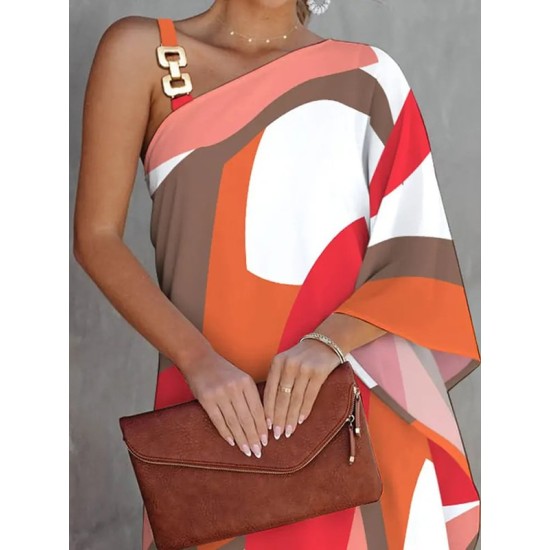 Original Loose Contrast Color Printed One-Shoulder Mini Dresses Original Loose Contrast Color Printed One-Shoulder Mini Dresses