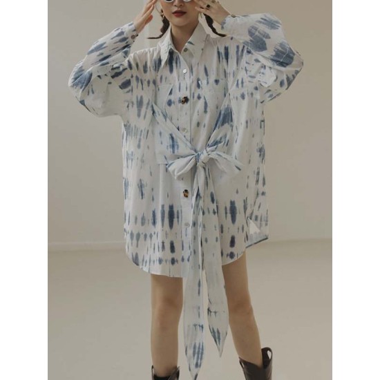 Original Loose Long Sleeves Buttoned Contrast Color Printed Lapel Collar Mini Dresses Original Loose Long Sleeves Buttoned Contrast Color Printed Lapel Collar Mini Dresses
