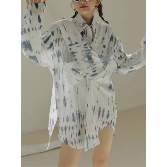 Original Loose Long Sleeves Buttoned Contrast Color Printed Lapel Collar Mini Dresses Original Loose Long Sleeves Buttoned Contrast Color Printed Lapel Collar Mini Dresses