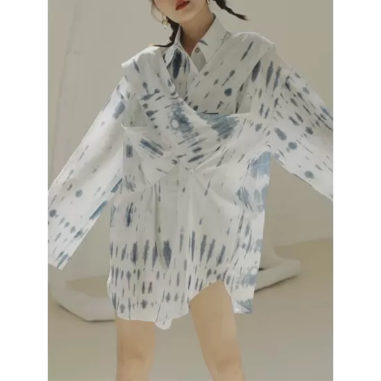 Original Loose Long Sleeves Buttoned Contrast Color Printed Lapel Collar Mini Dresses Original Loose Long Sleeves Buttoned Contrast Color Printed Lapel Collar Mini Dresses