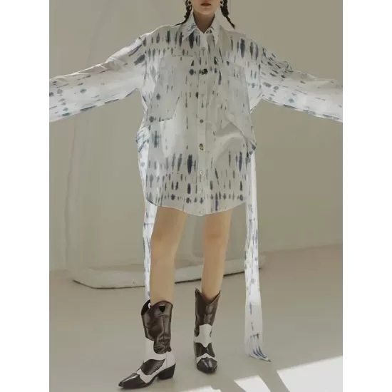 Original Loose Long Sleeves Buttoned Contrast Color Printed Lapel Collar Mini Dresses Original Loose Long Sleeves Buttoned Contrast Color Printed Lapel Collar Mini Dresses