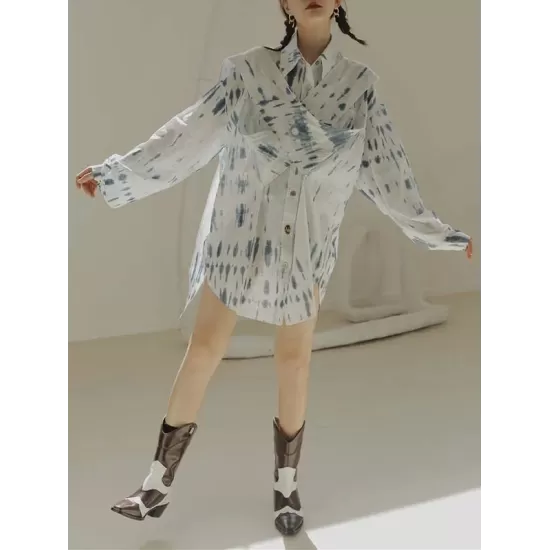 Original Loose Long Sleeves Buttoned Contrast Color Printed Lapel Collar Mini Dresses Original Loose Long Sleeves Buttoned Contrast Color Printed Lapel Collar Mini Dresses