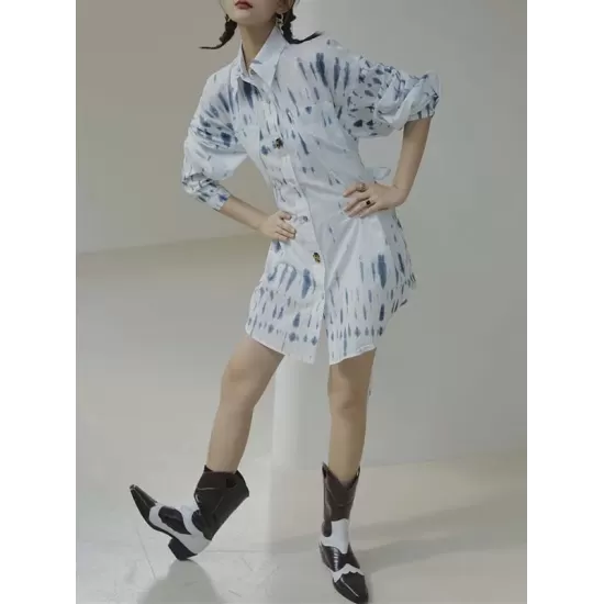 Original Loose Long Sleeves Buttoned Contrast Color Printed Lapel Collar Mini Dresses Original Loose Long Sleeves Buttoned Contrast Color Printed Lapel Collar Mini Dresses
